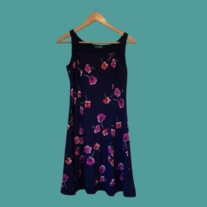 Ralph Lauren Dress Navy Floral Knee Length Sleeveless Summer Sz 4 Cocktail